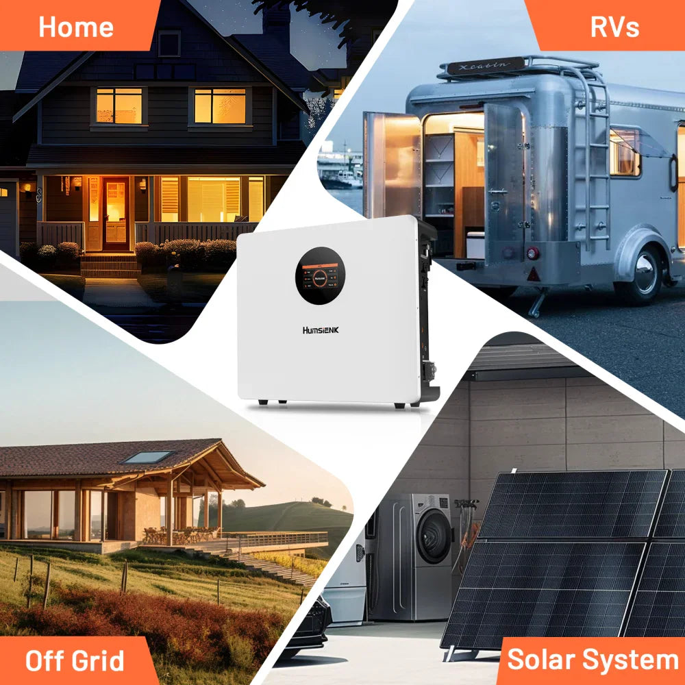 Application examples for the battery unit including homes, RVs, off-grid cabins, and solar power systems.