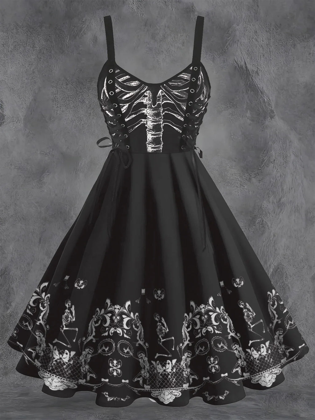 Black sleeveless dress with white skeleton ribcage graphic on bodice and ornate skeleton pattern on hemline