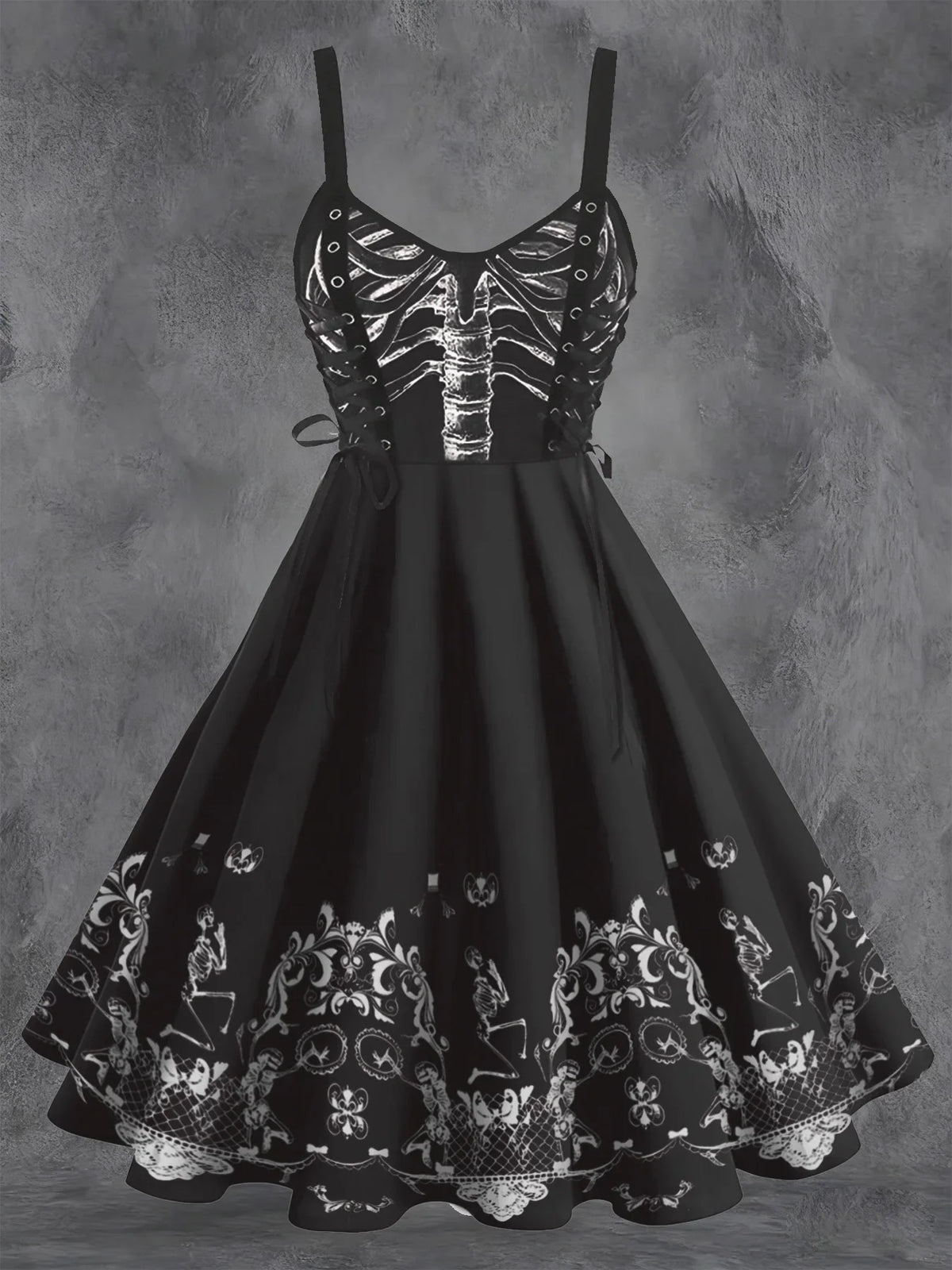 Black sleeveless dress with white skeleton ribcage graphic on bodice and ornate skeleton pattern on hemline
