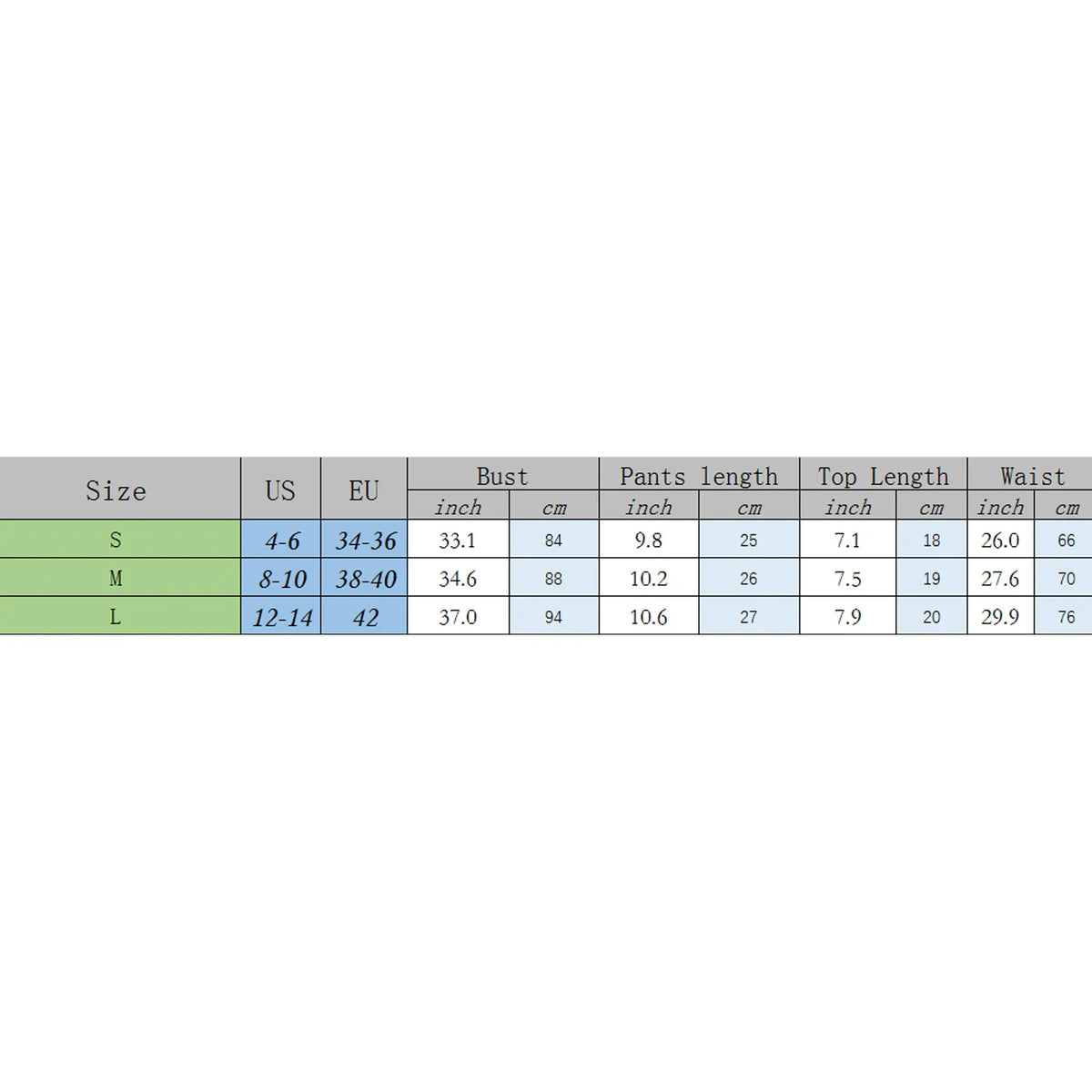 Size chart for women's bikini swimwear