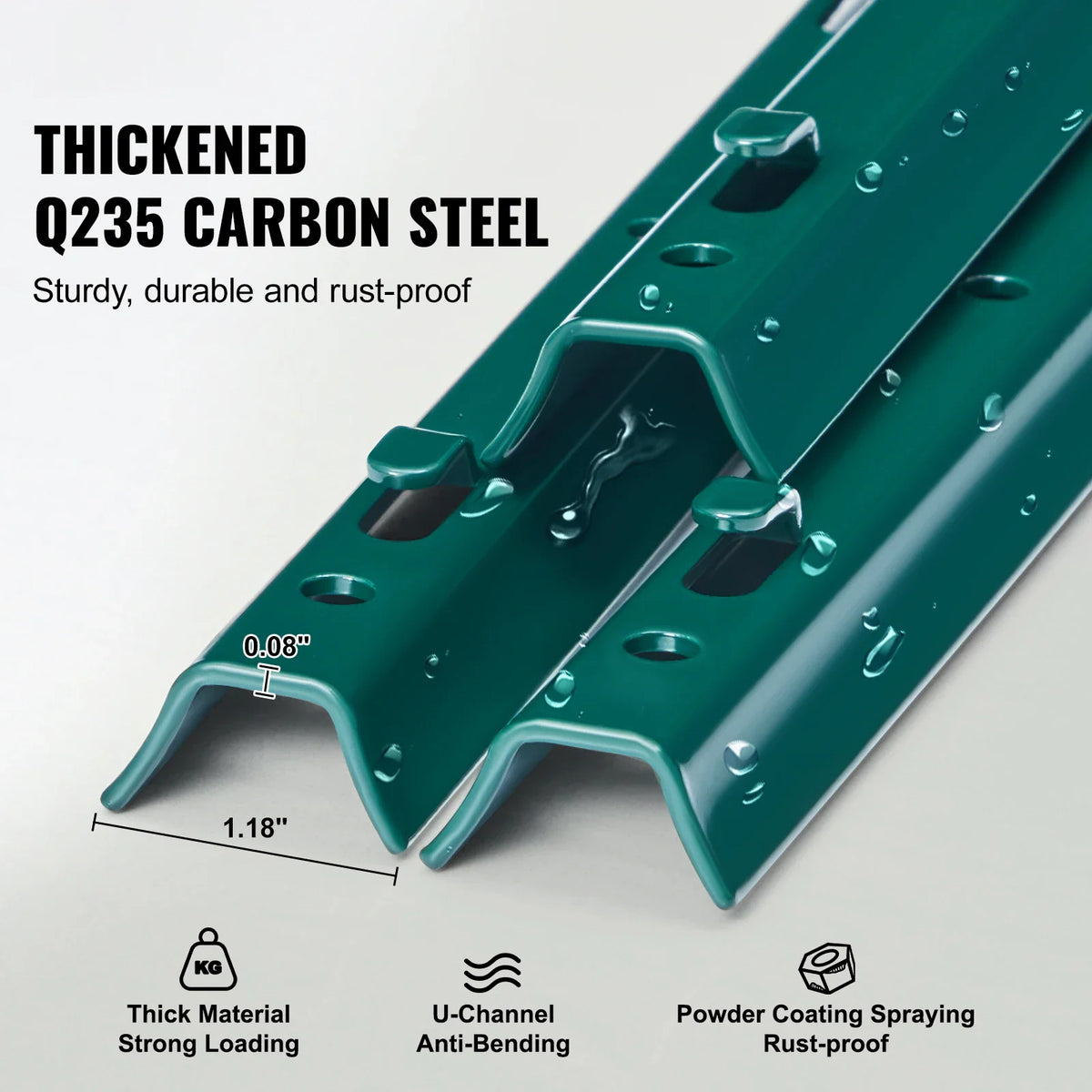Close up of green metal fence post material specifications with text labels