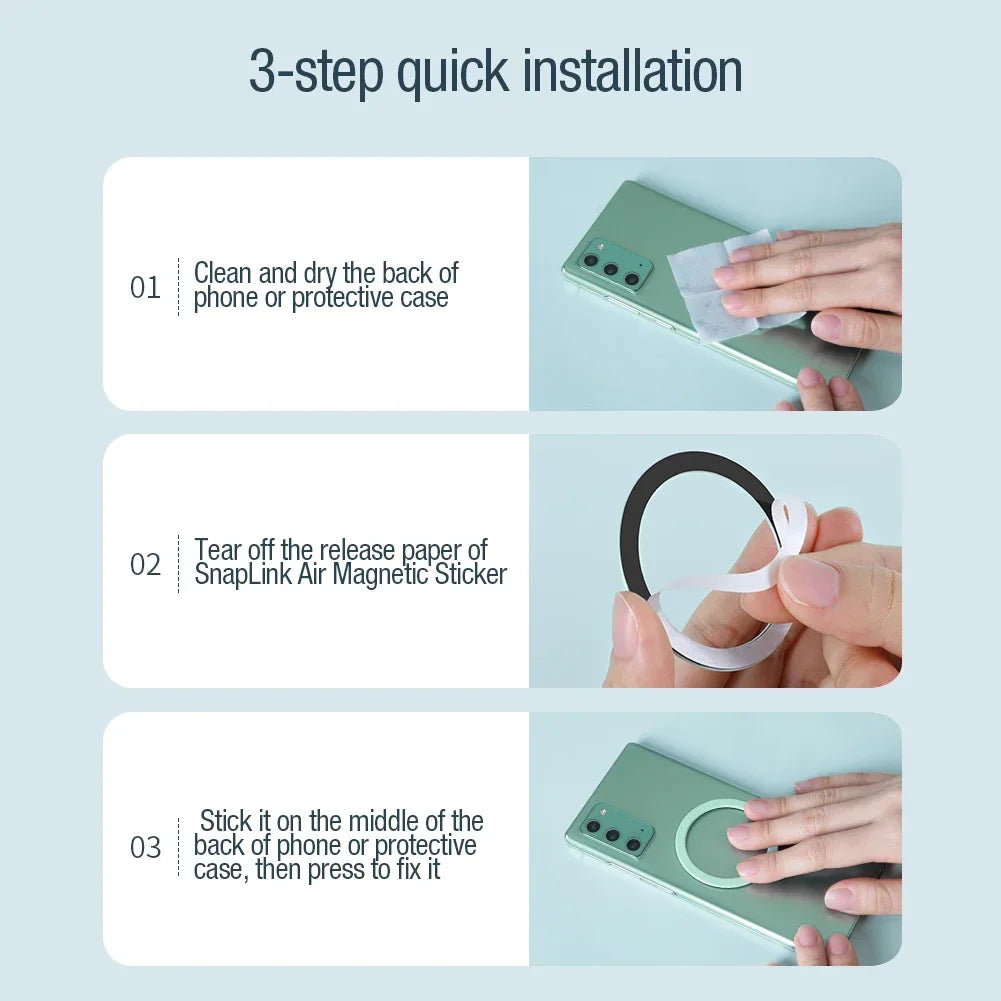 Three-step installation guide for applying a magnetic ring sticker to a smartphone