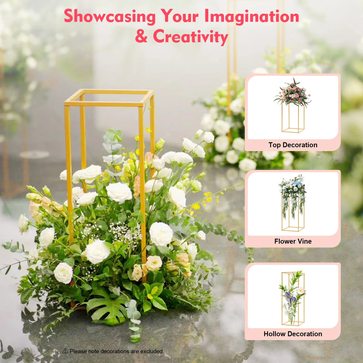Gold metal rectangular flower stand decorated with white and peach flowers