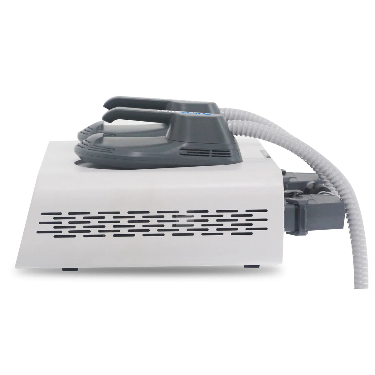Side view of portable electromagnetic body sculpting and muscle stimulation machine with two applicators
