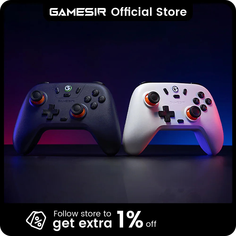 Dark purple and white wireless gaming controllers with orange joysticks on a dark background