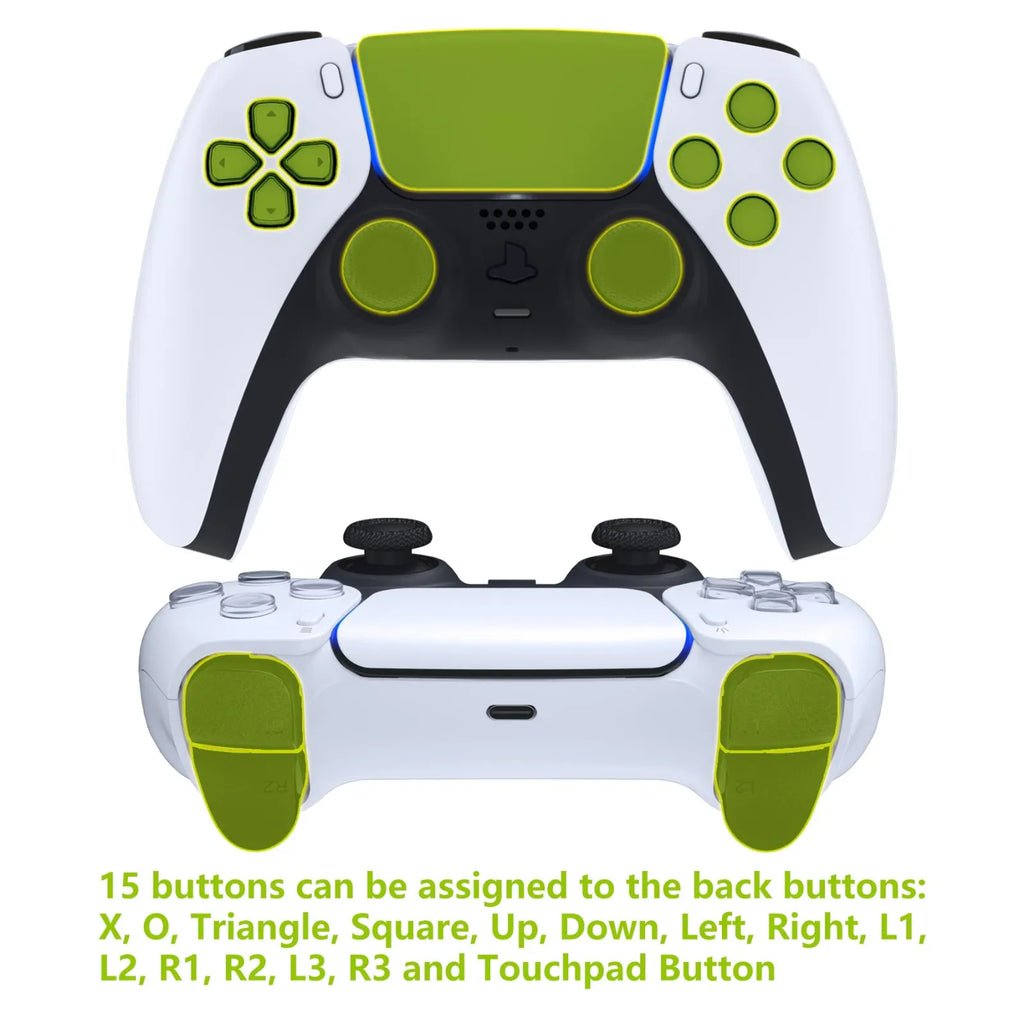 Back and front view of a white game controller with custom green accent buttons