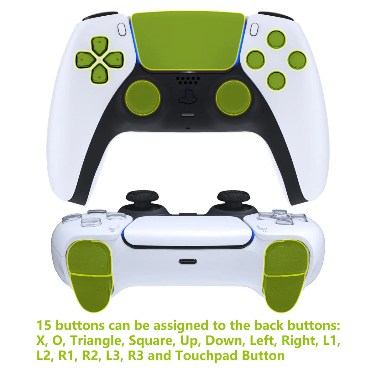 Back and front view of a white game controller with custom green accent buttons