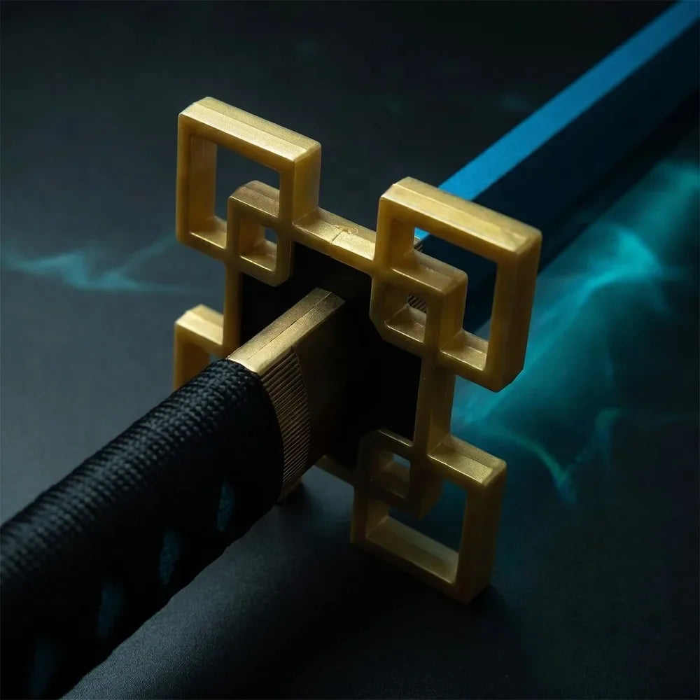 Detail of a replica Japanese sword hilt with gold square guard