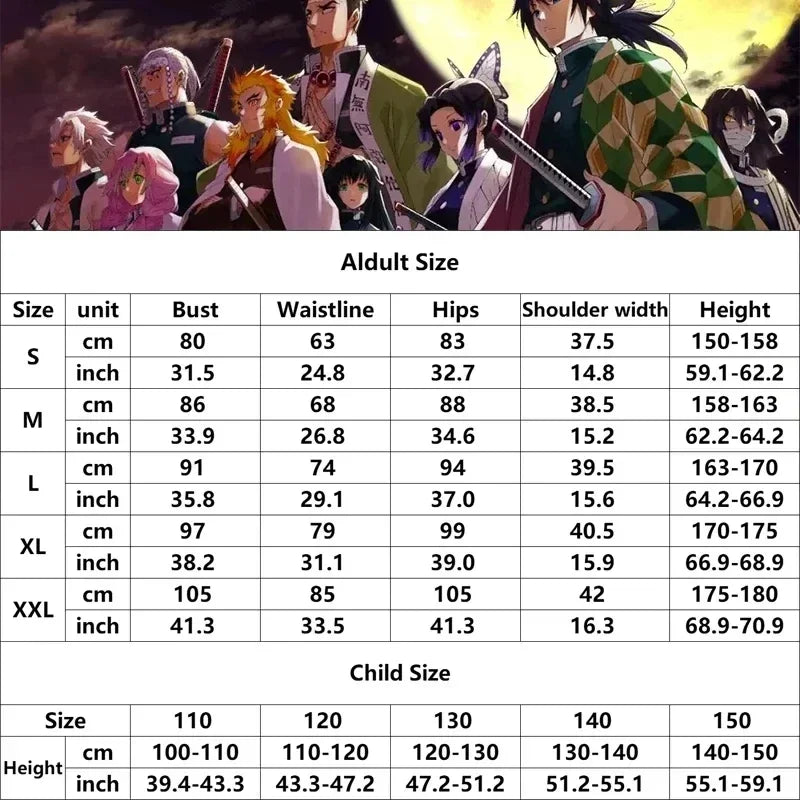 Size chart table for anime cosplay costume