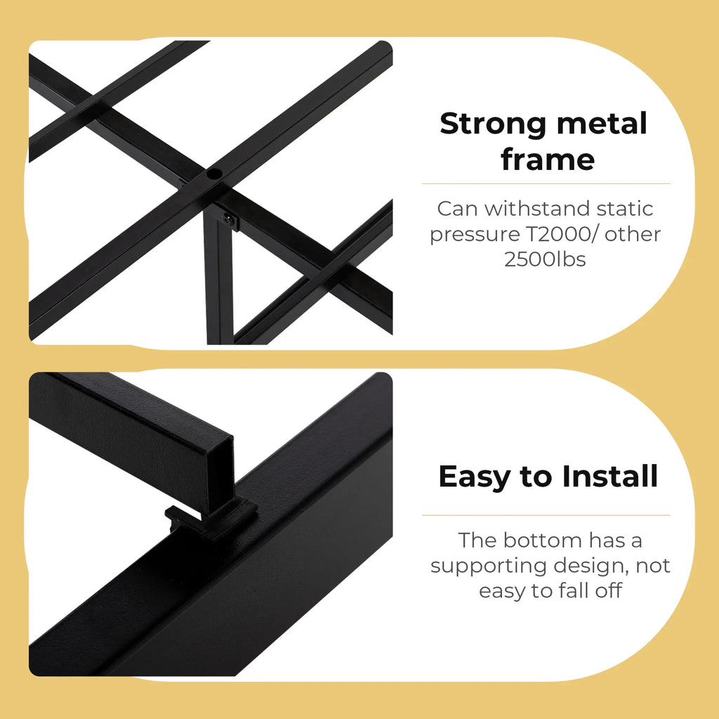 Close up details of the metal bed frame construction and assembly features