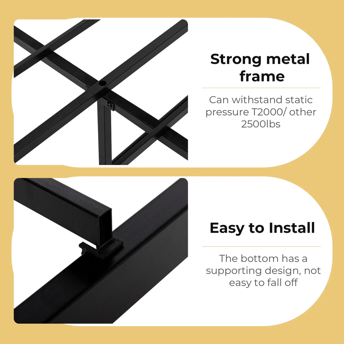 Close up details of the metal bed frame construction and assembly features