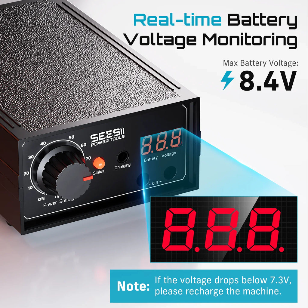 A close-up of a digital spot welder with a display showing voltage and text indicating battery maintenance.