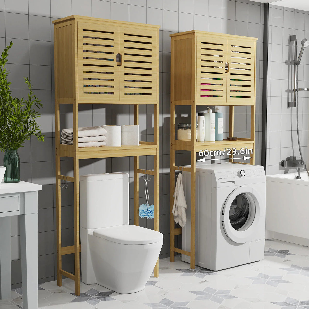 Bamboo over-the-toilet and over-the-washer storage cabinets displayed in a bathroom.