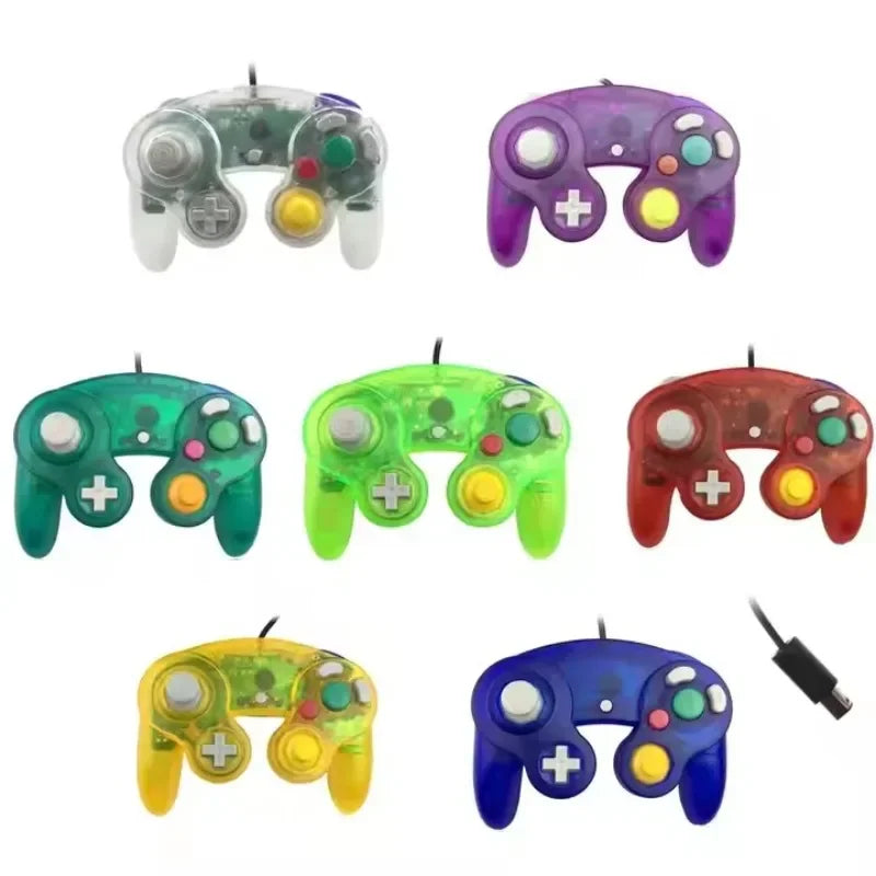 A set of seven translucent wired game controllers in different vibrant colors.