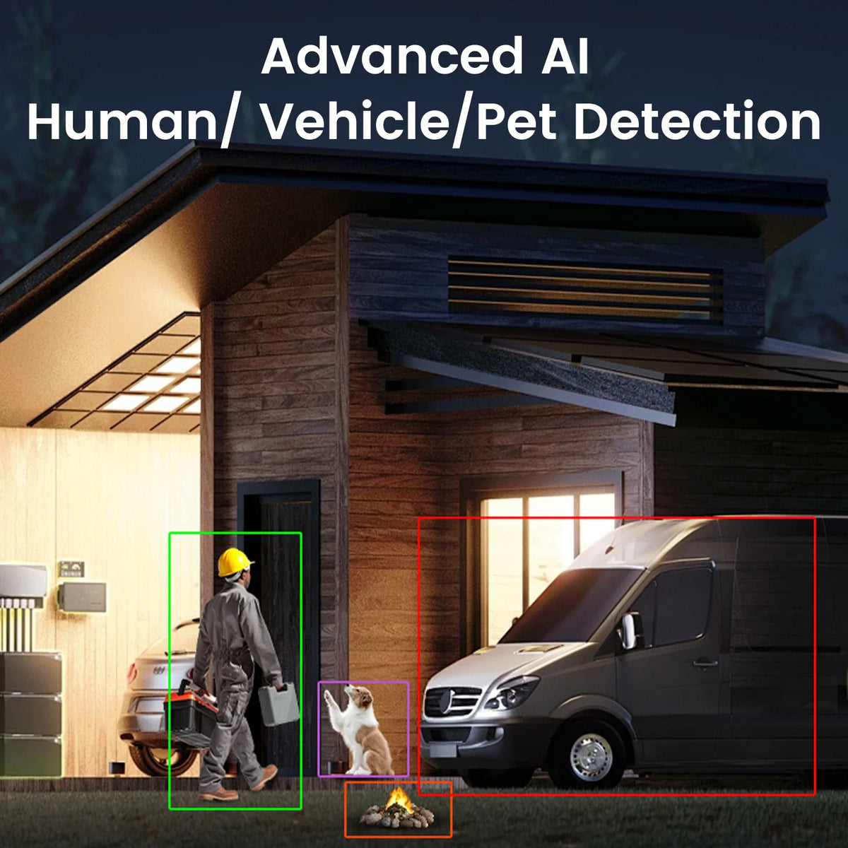 Outdoor security camera demonstrating AI detection of humans, vehicles, and pets