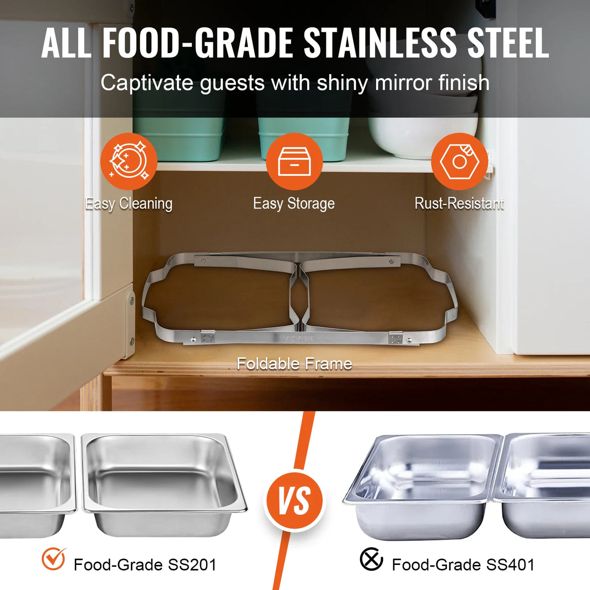 Stainless steel chafing dish frames stored in a kitchen cabinet with food pan material comparison.