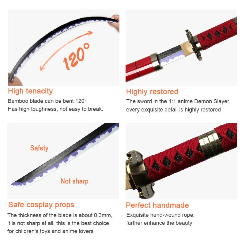 Detailed close-ups of anime sword features showing flexibility, handle, blade edge and wrapping