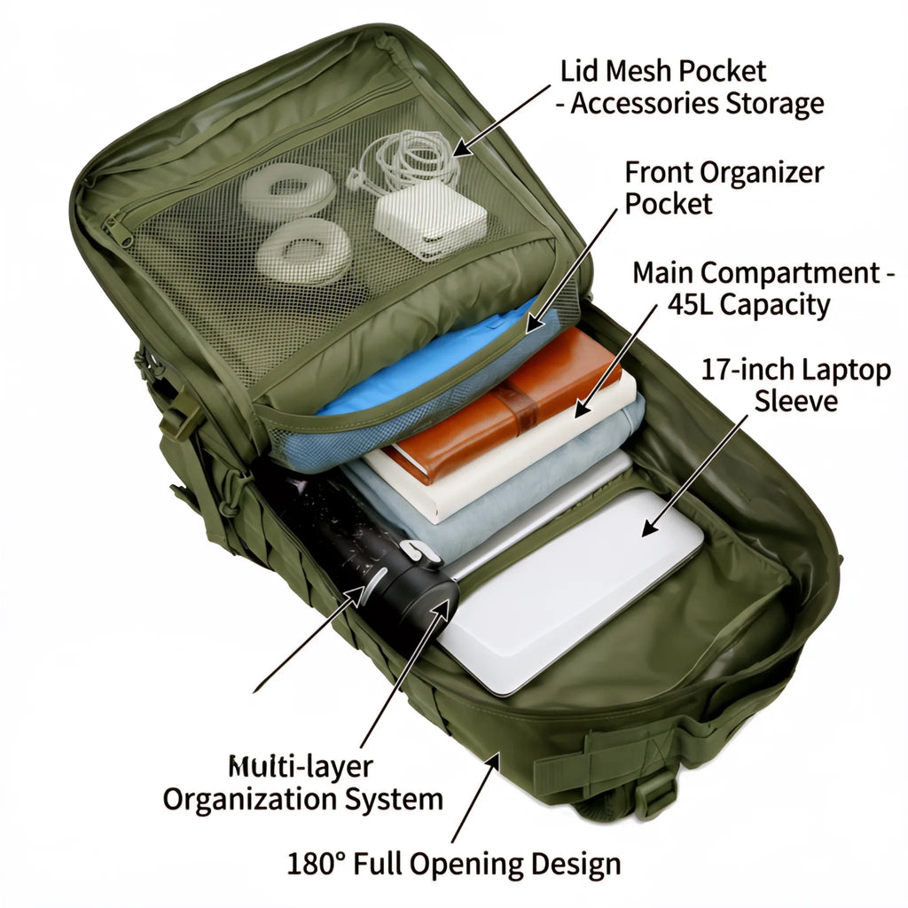 Open green tactical gym backpack showing interior compartments and organizational pockets