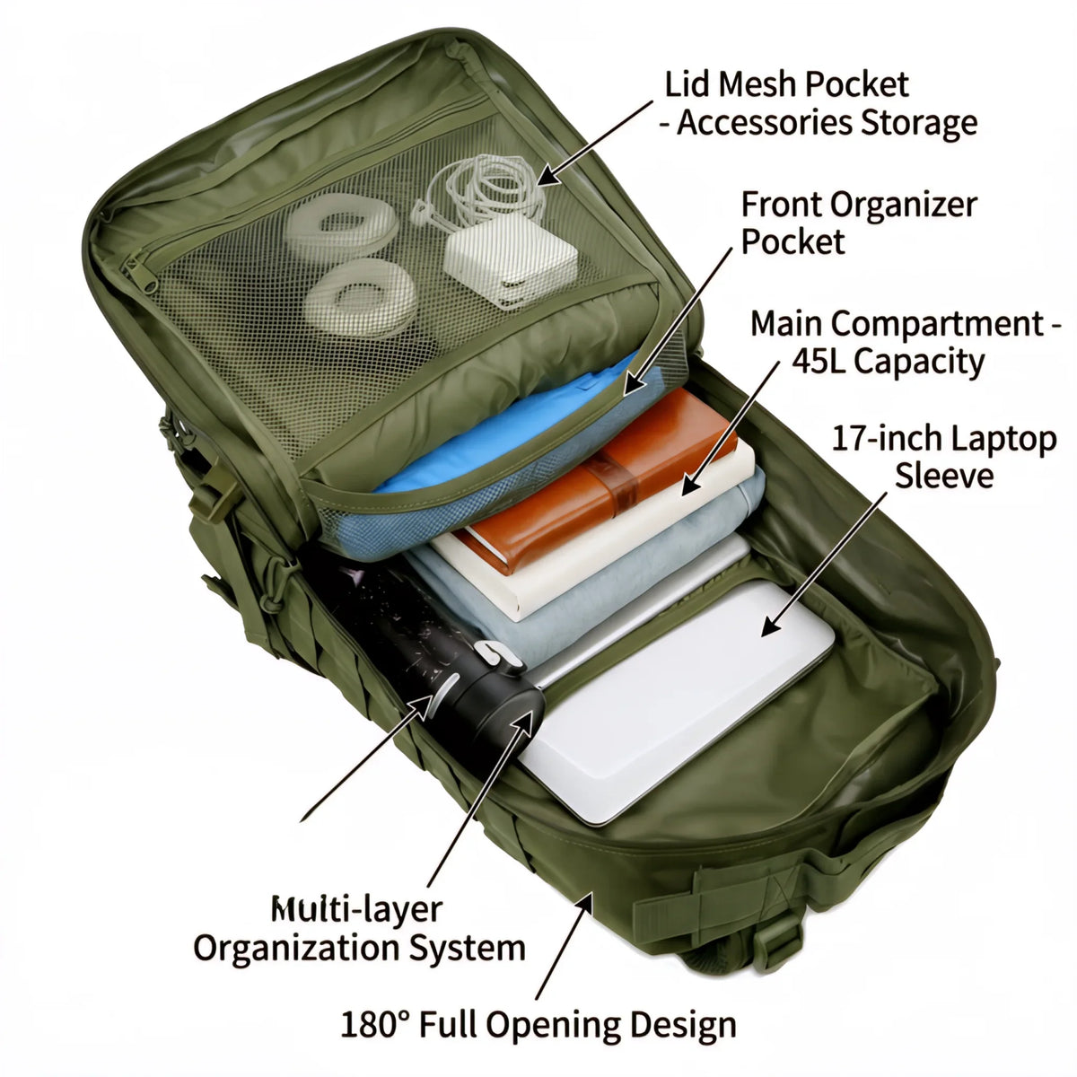 Open green tactical gym backpack showing interior compartments and organizational pockets