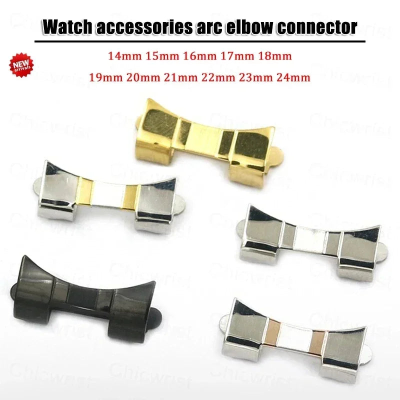 Stainless steel curved watch strap end piece connectors in various metal finishes