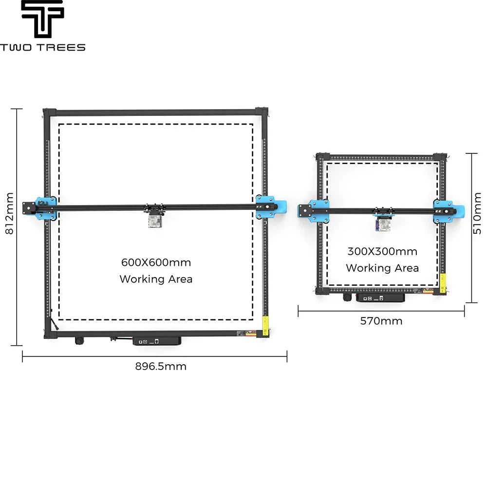 Laser engraving machine frame size comparison diagram showing standard and extended working areas