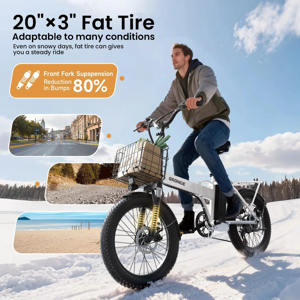 A man riding a white electric bicycle with fat tires, featuring suspension details and terrain inserts.