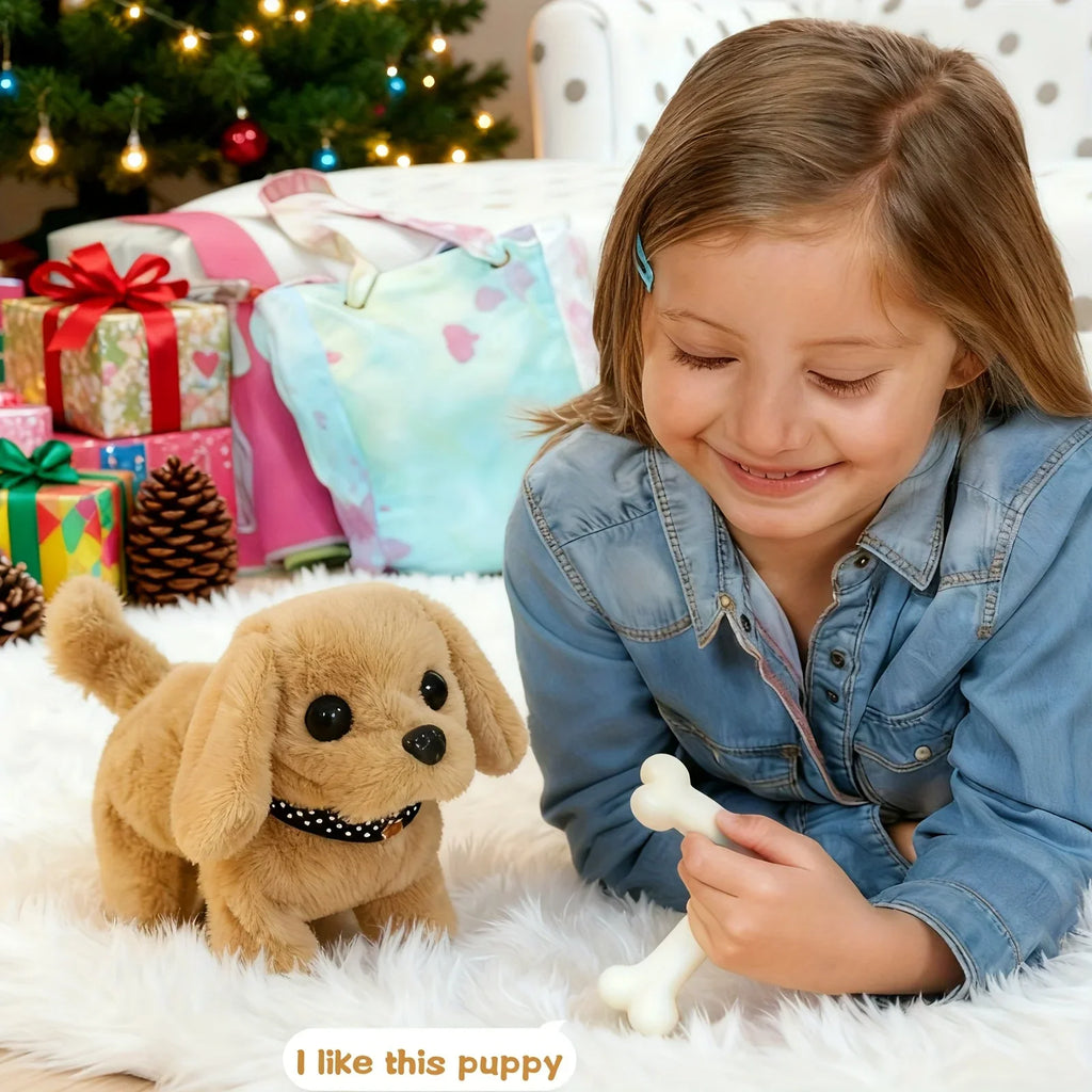 A young girl playing with a plush toy golden retriever puppy on a rug near a Christmas tree