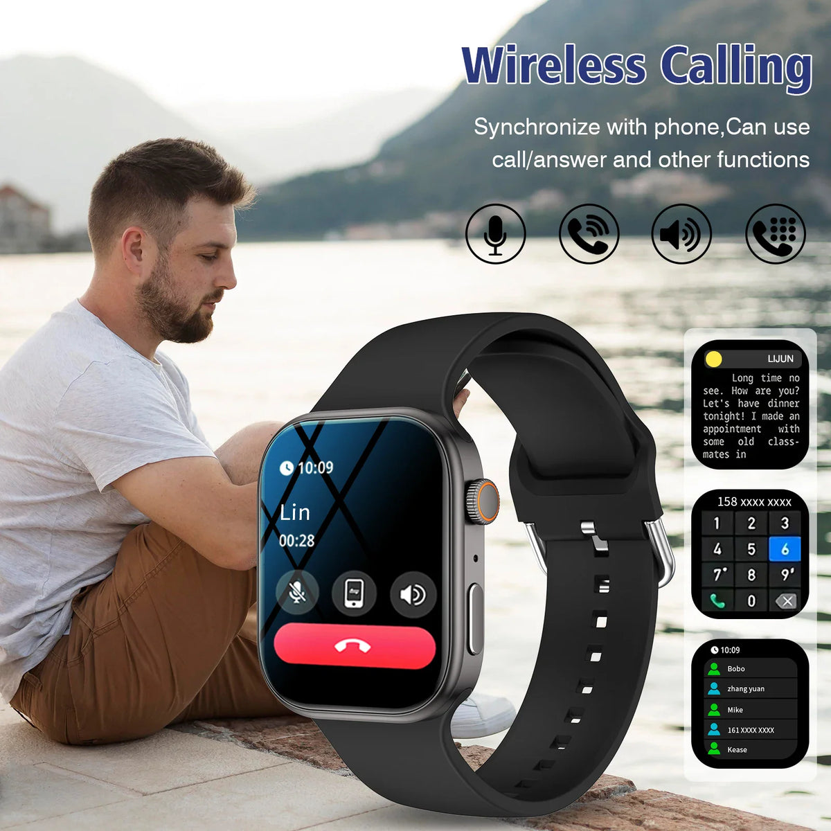 A man sitting by the water wearing a black smartwatch, shown with call features and phone menus.