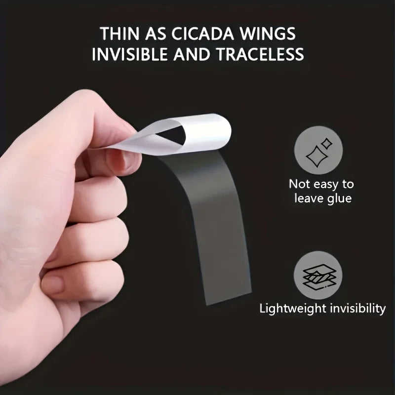 Demonstration of invisible double-sided adhesive tape for clothing held by a hand