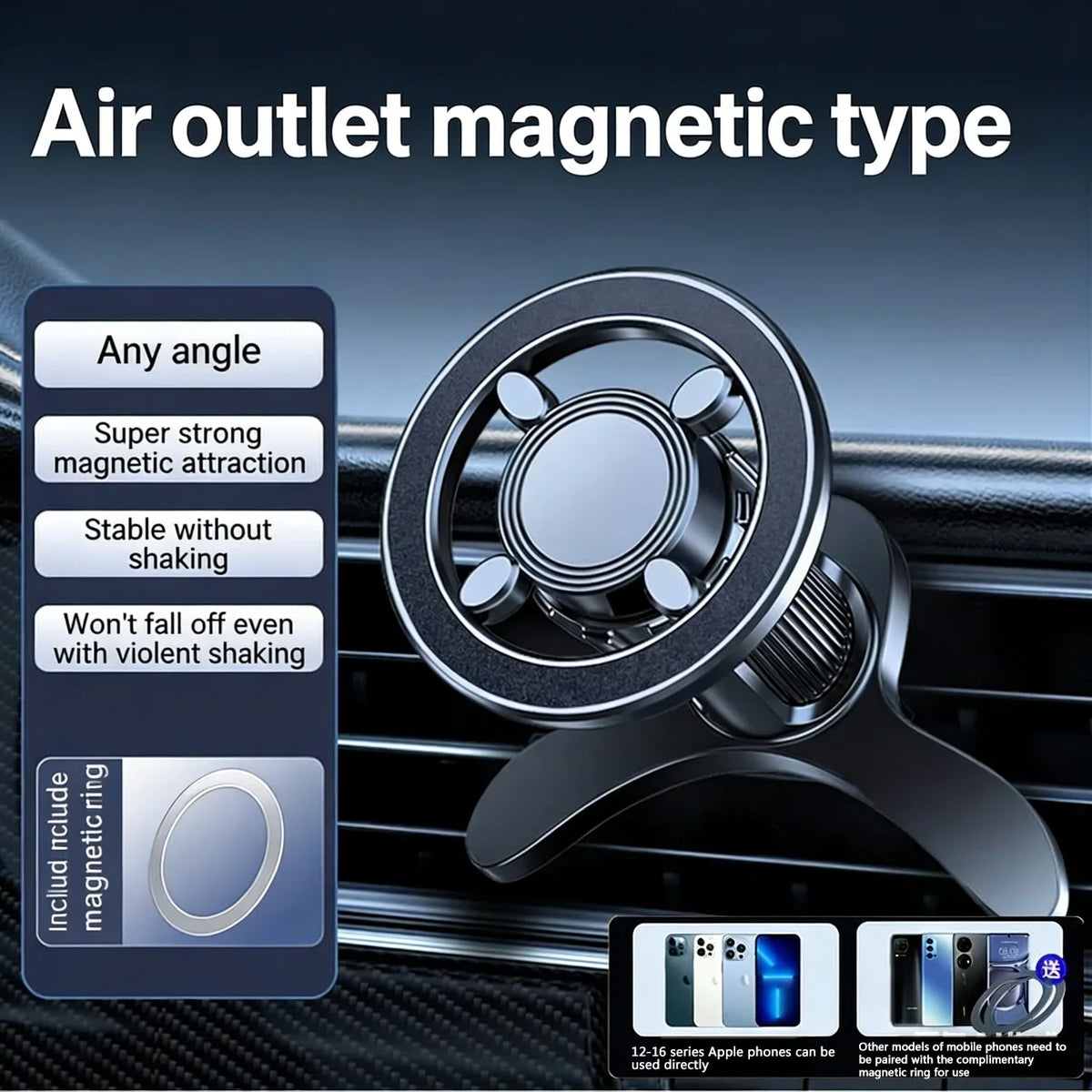 Magnetic air vent car phone mount with included magnetic ring
