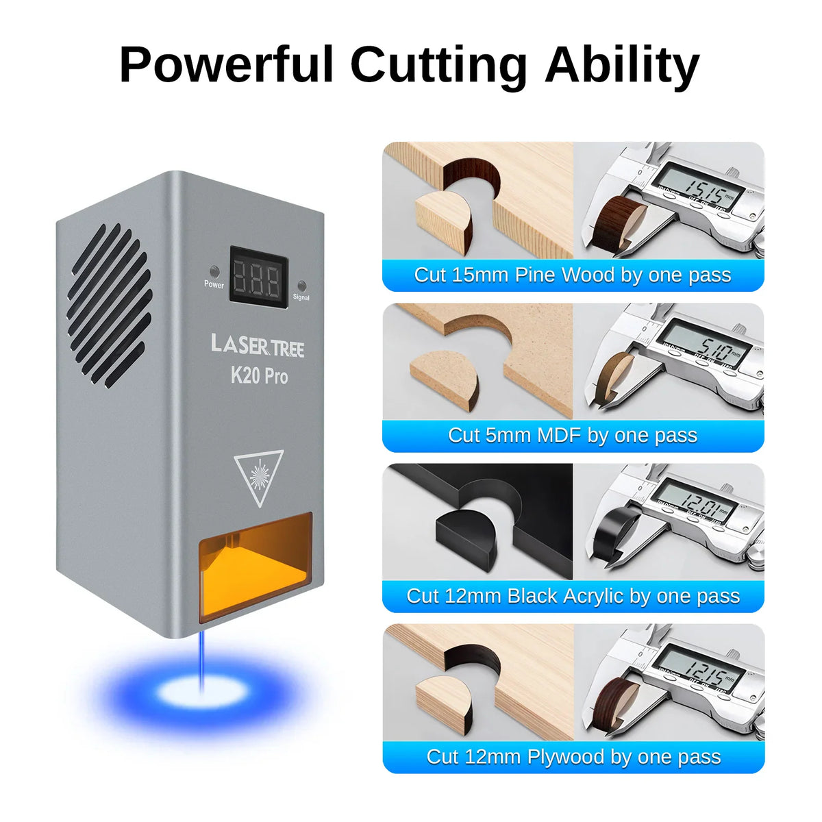 Laser engraver module head showcasing cutting ability on wood and acrylic samples