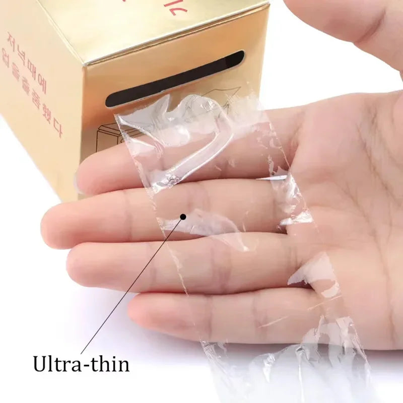 Close-up of ultra-thin transparent film wrap being pulled from a box
