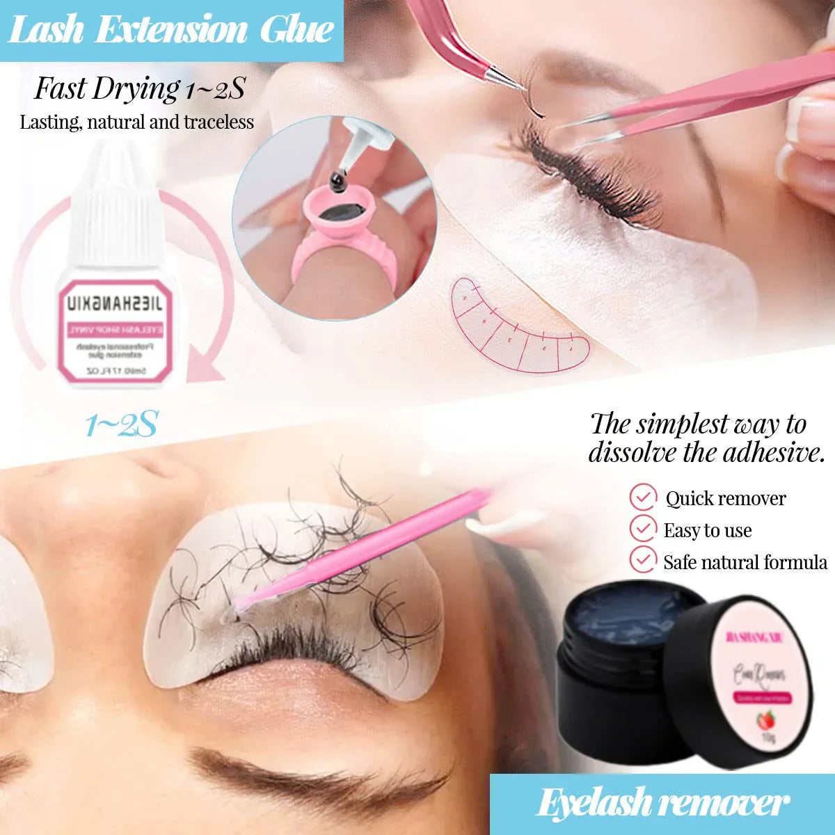 Instructions for using lash extension glue and eyelash remover with close-up application examples.