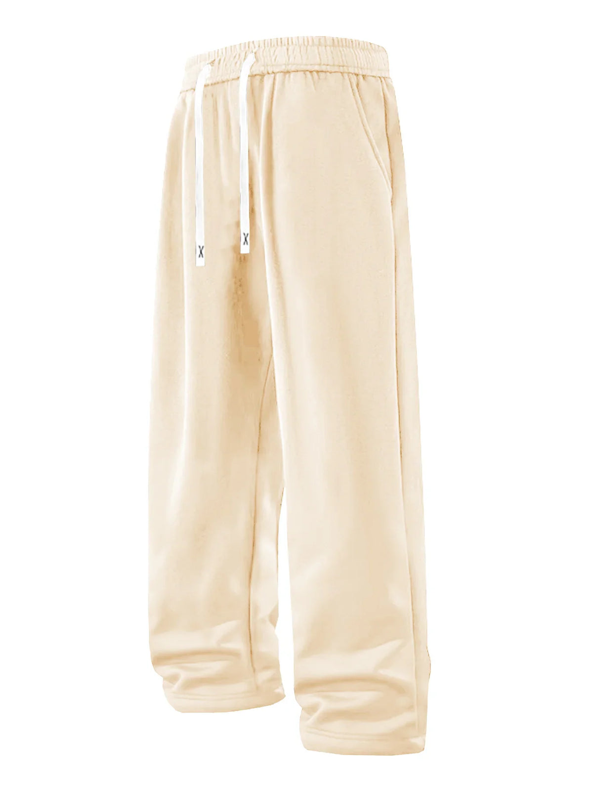 Khaki loose drawstring sports pants with straight leg fit.