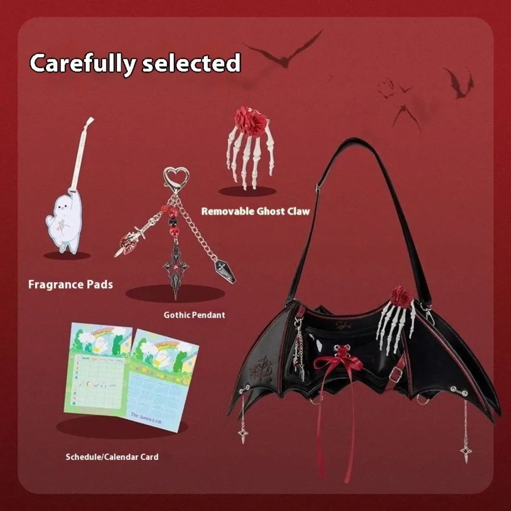 Gothic ita bag with included removable accessories like charms and cards.