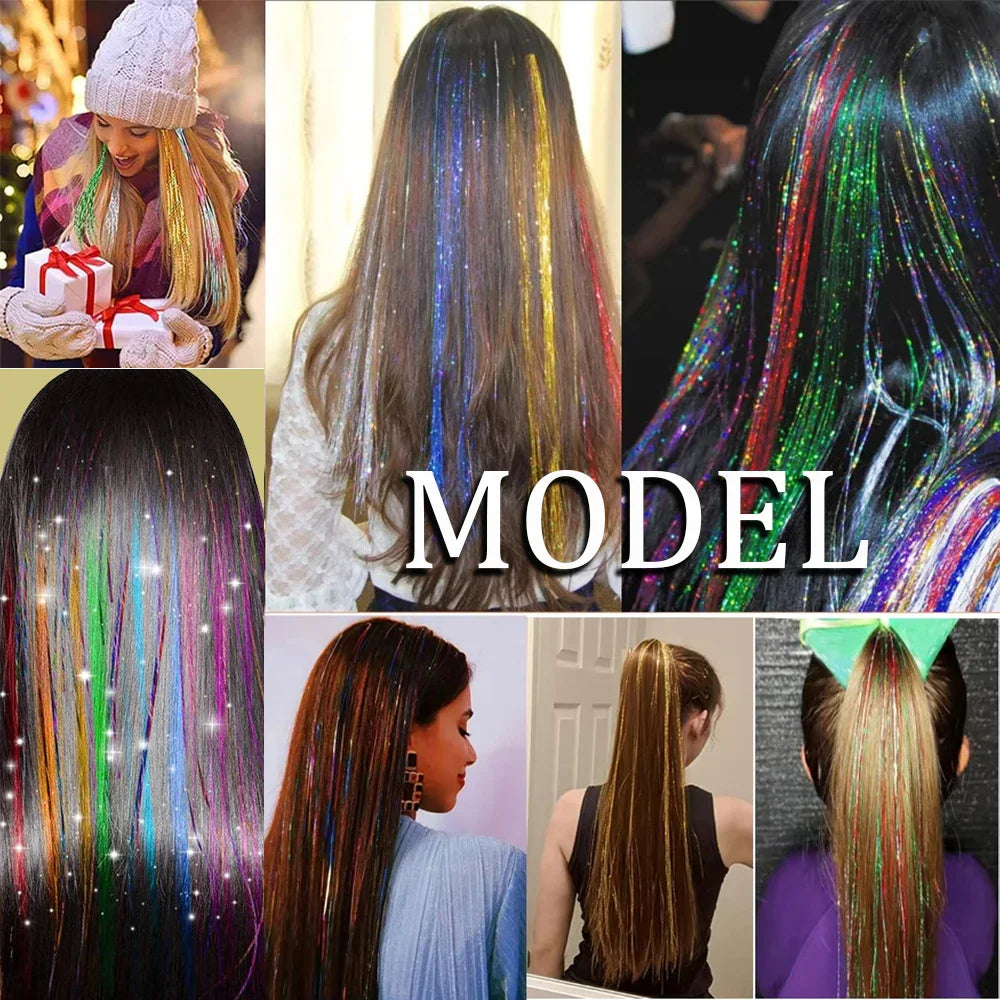 A collage showing various models with long, multi-colored sparkling hair tinsel extensions.