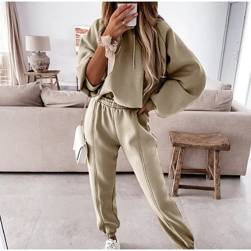 Beige long sleeve hooded sweatshirt and matching jogger sweatpants set