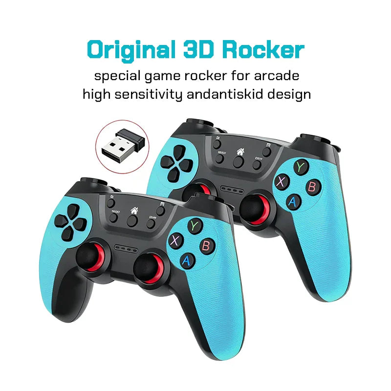 Two light blue and black wireless game controllers with a USB receiver