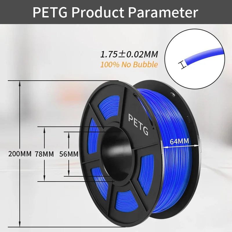 Blue PETG 3D printing filament spool with measurement diagrams