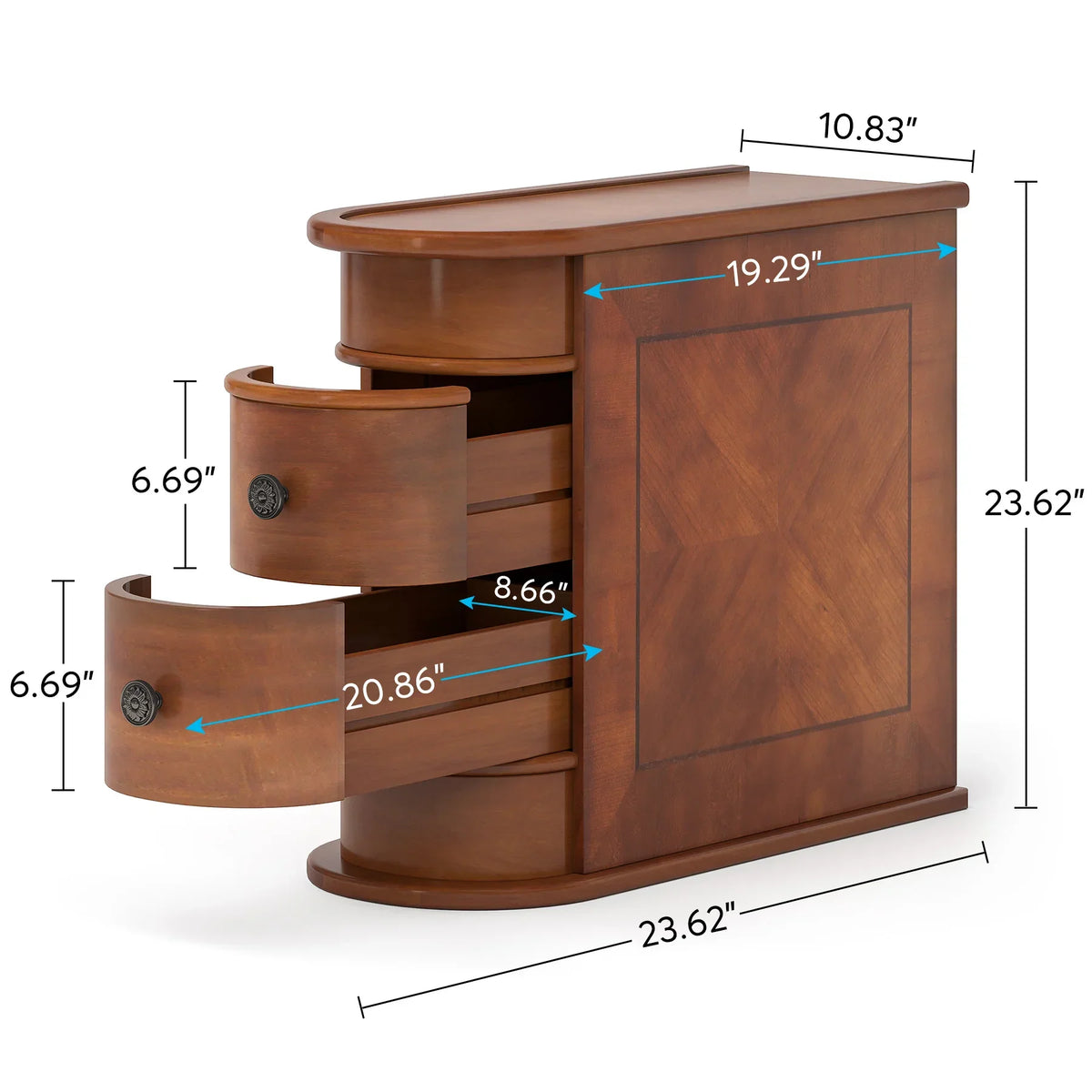 Narrow wooden end table with two open drawers showing dimensions and measurements in inches