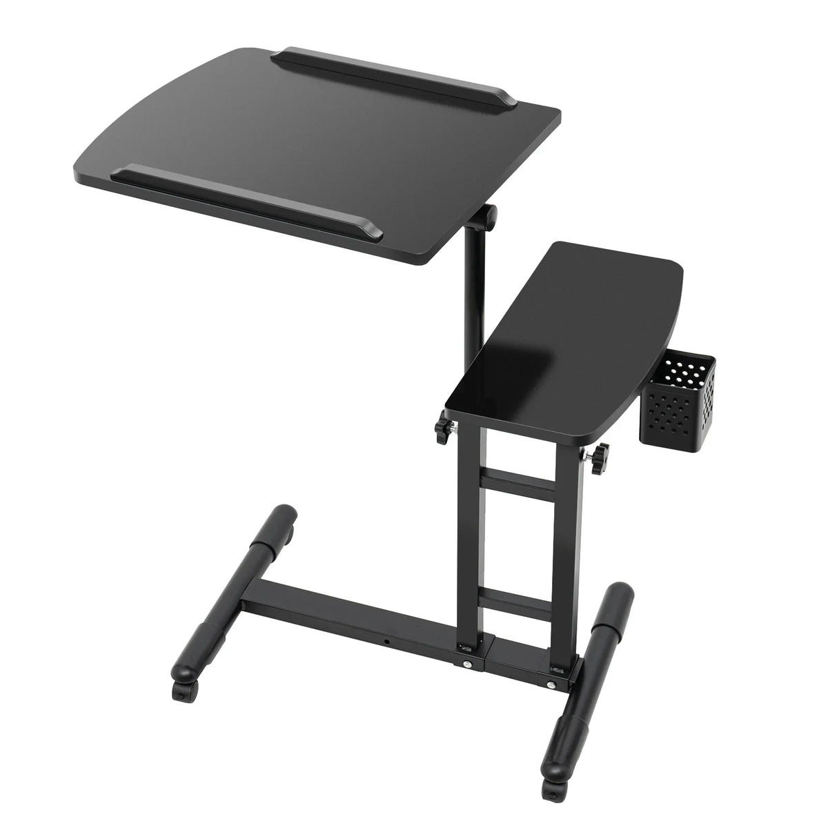 Portable adjustable height black tattoo workstation with dual surfaces and side pen holder