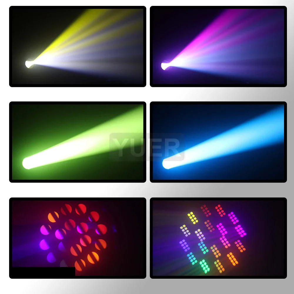 Different color beam and gobo light effects from a moving head stage light