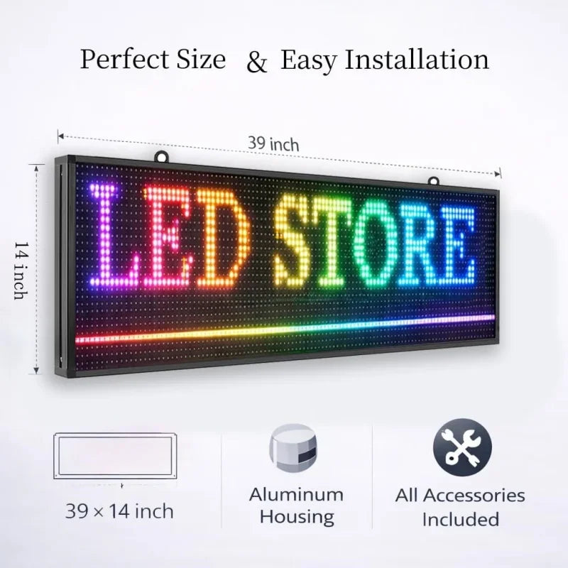 39 by 14 inch LED scrolling sign with technical specifications for installation
