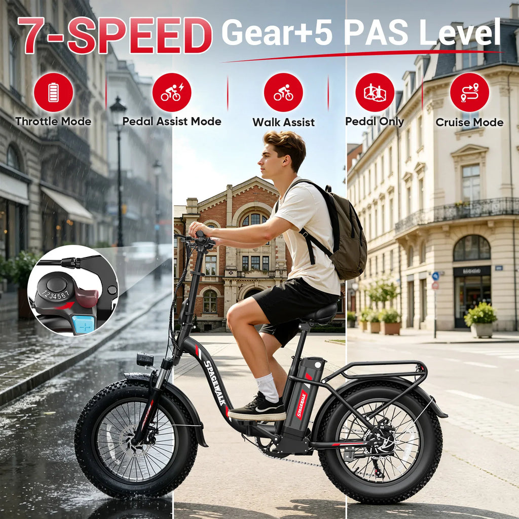 Man riding a black electric bike on a rainy street, showing the 7-speed gear system and five pedal assist levels.