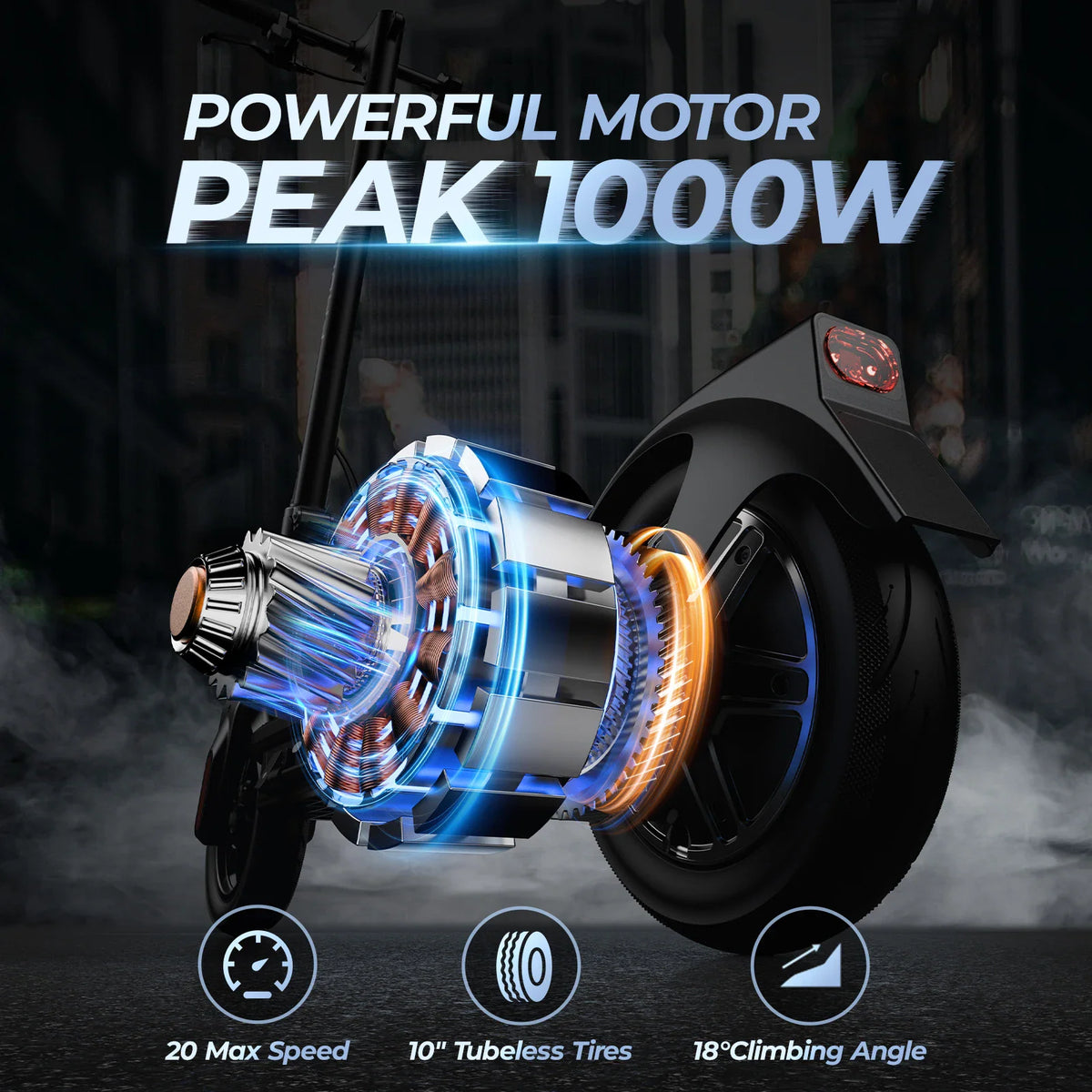 Electric scooter motor component diagram showing 1000W peak power