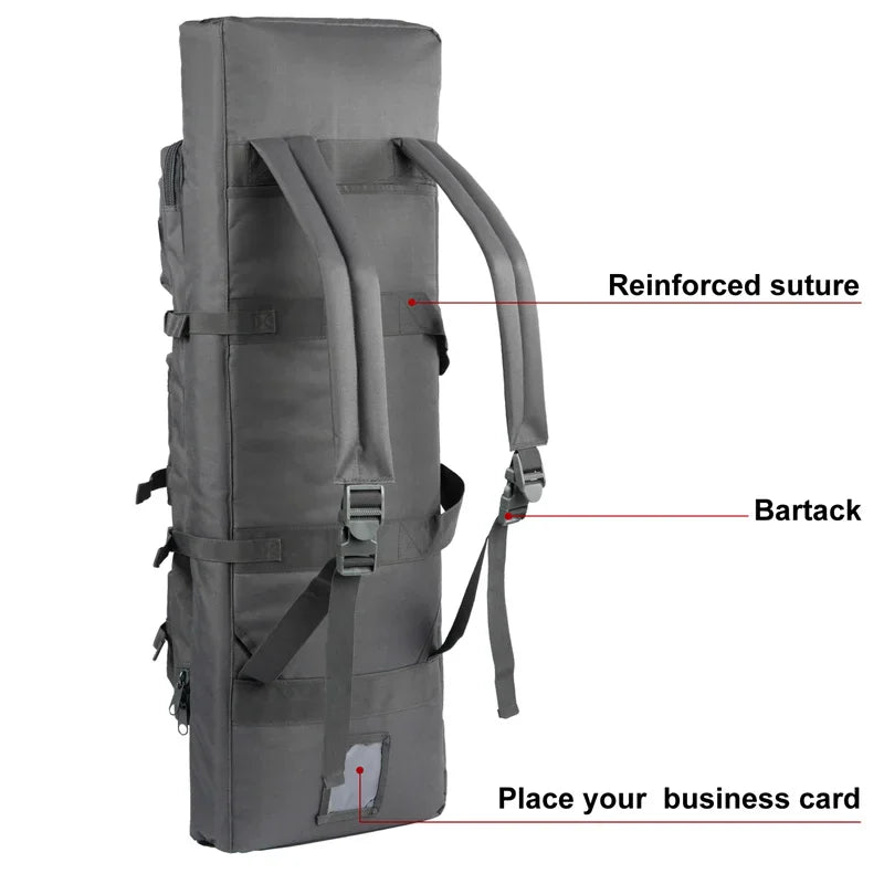 Rear view of a grey tactical rifle bag showing backpack straps, reinforced seams, and a business card holder