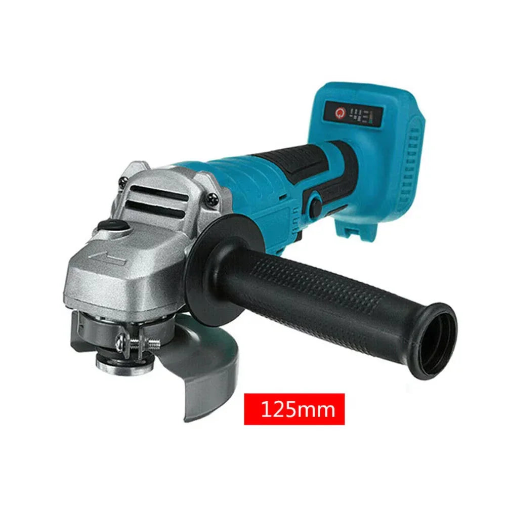 Blue and black cordless angle grinder with a 125mm blade guard.