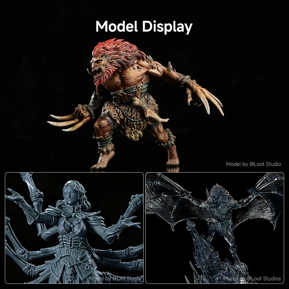 Display of three highly detailed 3D printed fantasy action figures.
