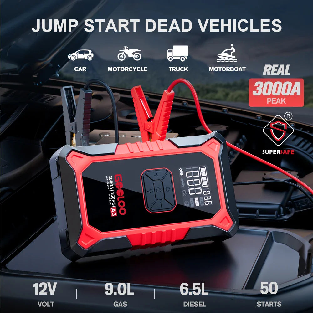Red and black jump starter being used on a vehicle engine