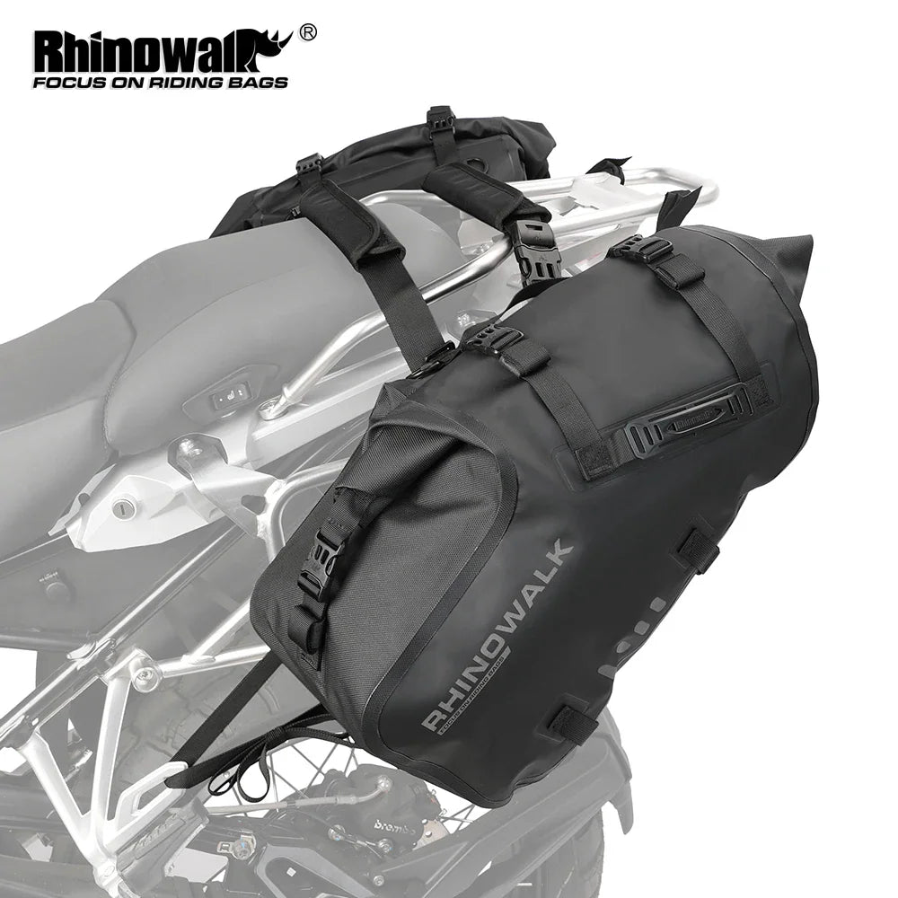 Black waterproof motorcycle saddle bags mounted on the rear of a motorbike